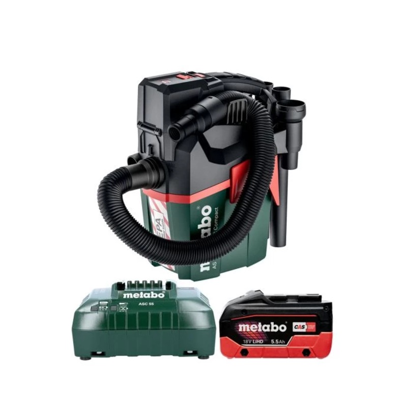 Metabo AS18 HEPA PC COMPACT 18V L Class HEPA Filter Cordless Wet & Dry Vacuum Cleaner With 1 x 5.5Ah Battery & Charger