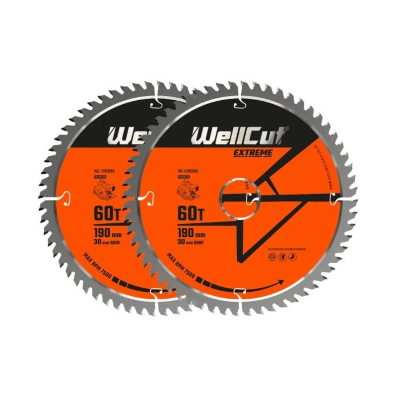 WellCut TCT Circular Saw Blades 190mm x 30mm x 60T Fine Cutting Wood Saw Blades Compatible with all Brands Pack of 2