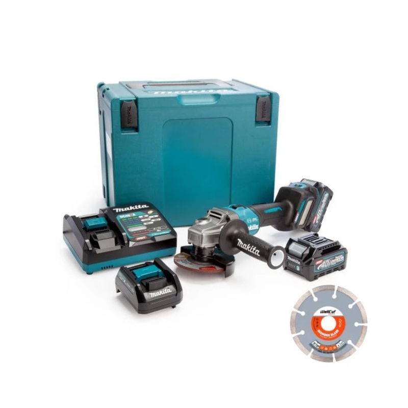 Makita Angle Grinder 40V Max XGT Cordless 115 mm Brushless Slide Switch With 2 x 2.5Ah Batteries, Charger, Adaptor & Case