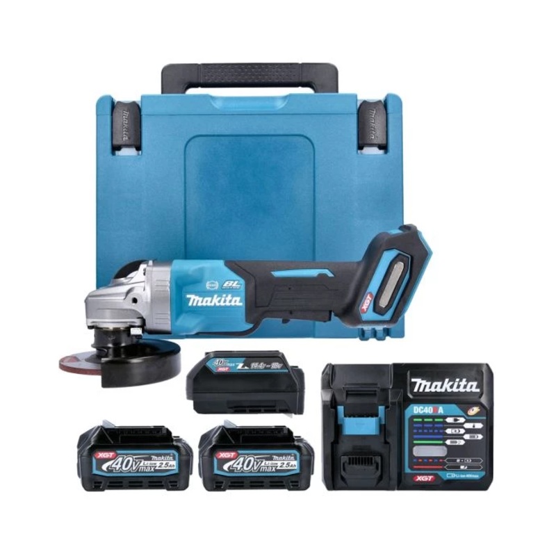 Makita Angle Grinder GA012GZ 40V Max XGT Cordless 115mm Brushless Paddle Switch With 2 x 2.5Ah Batteries, Charger, Adaptor & Case