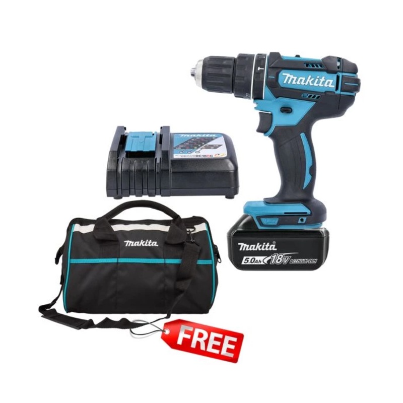 Makita Combi Drill DHP482Z 18V LXT Cordless 1/2″ 2-Speed Keyless Chuck Max 62Nm With 1 x 5.0Ah Battery & Charger + Free 832319-7 Tool Bag