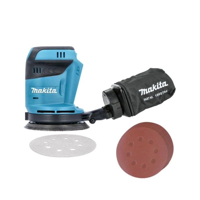 Makita DBO180 18V li-ion 125mm Random Orbit Sander With 10 Piece Hook Loop Discs – 240 Grit
