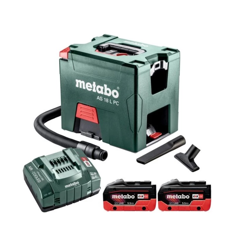 Metabo AS 18 L PC 18V Li-ion L-Class Vacuum Cleaner With 2 x 5.5Ah Batteries & Charger