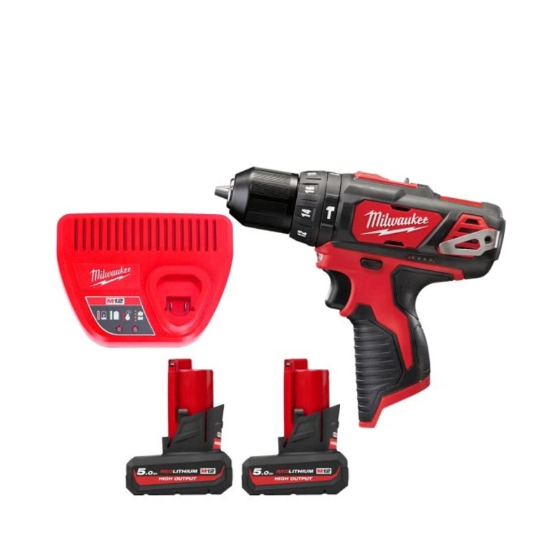 Milwaukee M12BPD 12V Cordless 10mm Compact Combi Hammer Drill With 2 x 5.0Ah Batteries & Charger