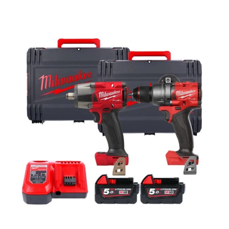Milwaukee M18FPP2F3-502X 18V Cordless FUEL Combi Drill & Impact Wrench With 2 x 5.0Ah Batteries, Charger & Boxes