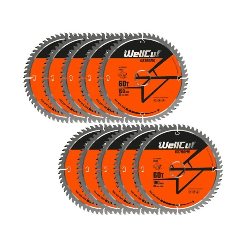 WellCut TCT Circular Saw Blades 190mm x 30mm x 60T Fine Cutting Wood Saw Blades Compatible with all Brands Pack of 10