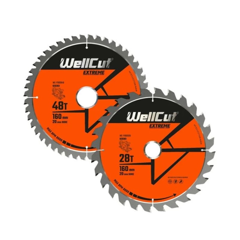 WellCut TCT Circular Saw Blades Mixed Set 160mm x 20mm x 28T/48T Wood Saw Blades Compatible with all Brands Pack of 2