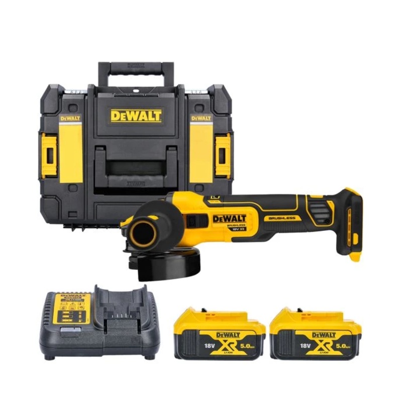 DeWalt DCG409 18V XR Brushless Flexvolt Advantage 125mm Angle Grinder With 2 x 5.0Ah Batteries, Charger & Case