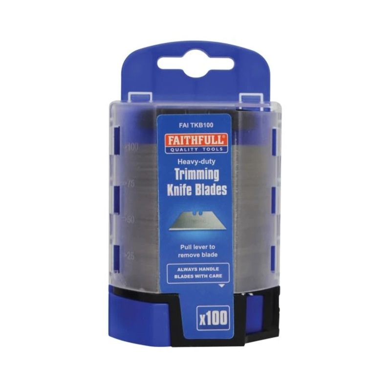 Faithfull FAITKB100 Heavy-Duty Trimming Knife Blades (Box 100) in Safe Storage Dispenser
