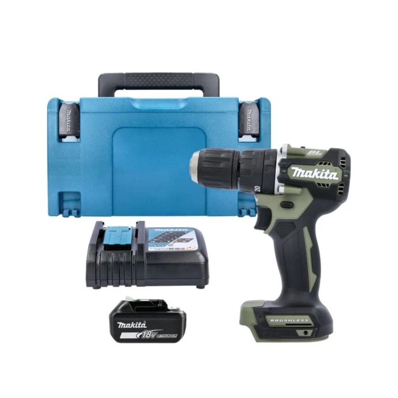 Makita Combi Drill DHP487ZO 18V LXT Cordless Brushless 1/2″ 2-Speed Keyless Chuck Max 40Nm Olive Green With 1 x 5Ah Battery, Charger & Case