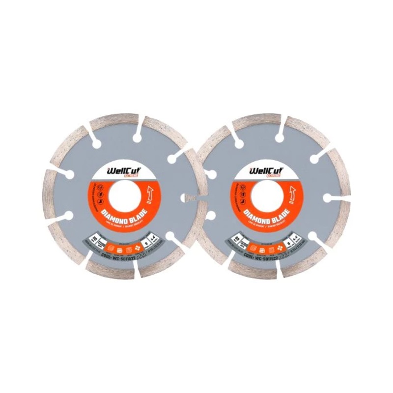 WellCut Diamond Cutting Blades for Angle Grinder 115mm x 22.23mm Segmented Discs for Concrete, Tiles, Stones, Bricks Pack of 2