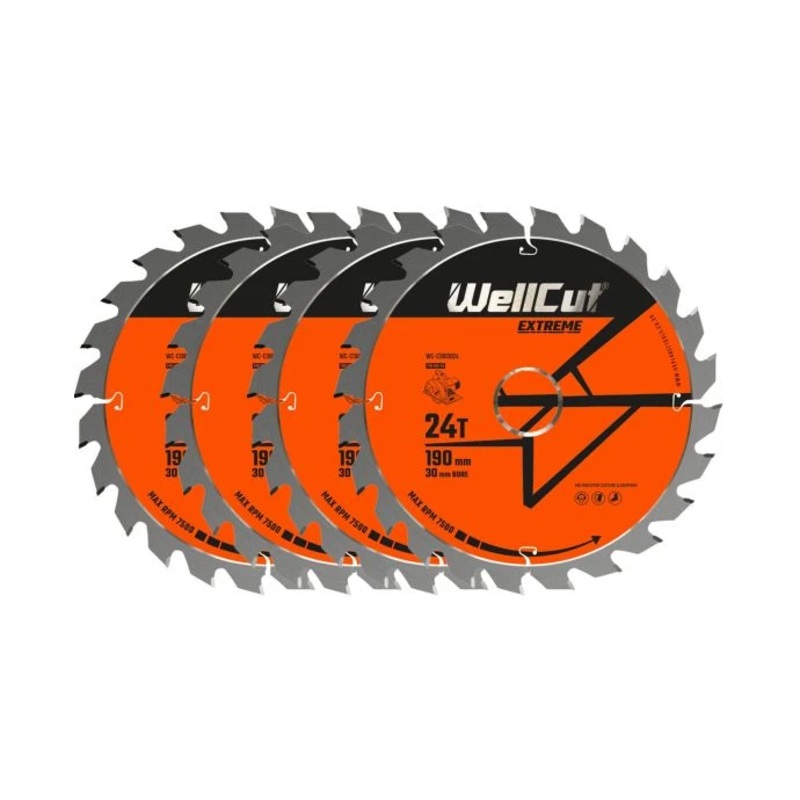 WellCut TCT Circular Saw Blades 190mm x 30mm x 24T Fine Cutting Wood Saw Blades Compatible with all Brands Pack of 4
