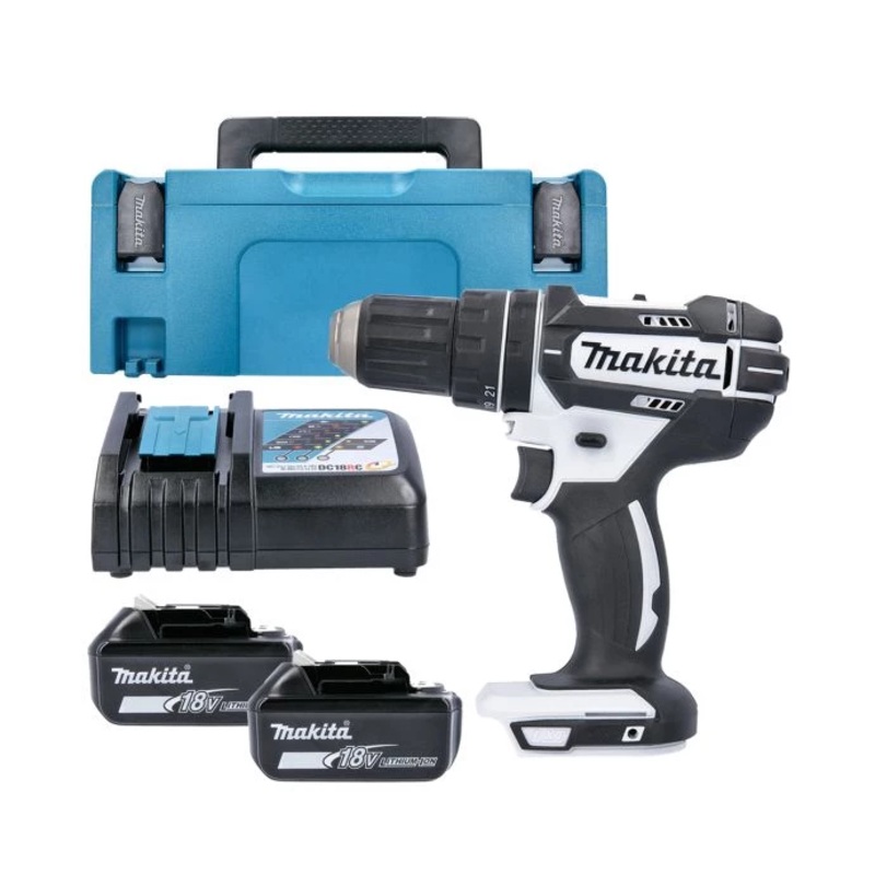 Makita Combi Drill DHP482ZW 18V LXT Cordless 1/2″ 2-Speed Keyless Chuck Max 62Nm White With 2 x 4.0Ah Batteries, Charger & Case Type 2