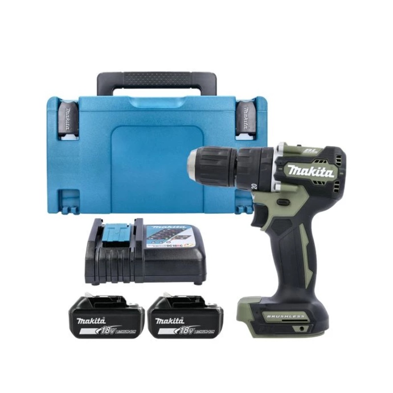 Makita Combi Drill DHP487ZO 18V LXT Cordless Brushless 1/2″ 2-Speed Keyless Chuck Max 40Nm Olive Green  With 2 x 3.0Ah Batteries, Charger & Case