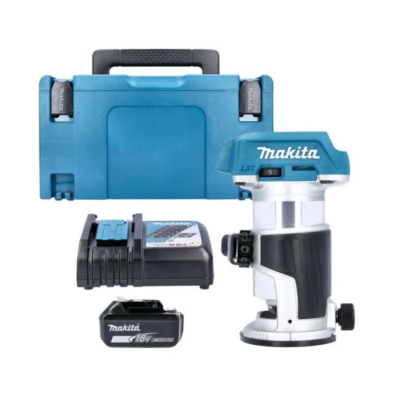Makita Router Trimmer DRT50Z 18V LXT Cordless Brushless 3/8″ and 1/4″ 6/8mm Collet Capacity 800W With 1 x 5.0Ah Battery, Charger & Case Type 3