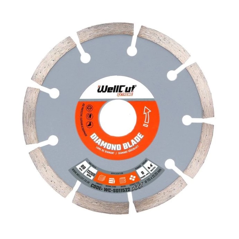 WellCut Diamond Cutting Blade for Angle Grinder 115mm x 22.23mm Segmented Disc for Concrete, Tiles, Stones, Bricks, Marble, Ceramic