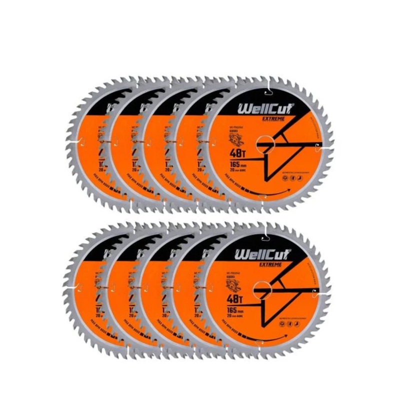 WellCut TCT Circular Saw Blades 165mm x 20mm x 48T Fine Cutting Wood Saw Blades Compatible with all Brands Pack of 10