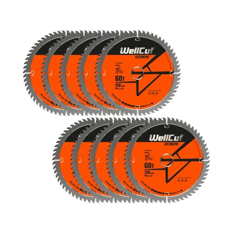 WellCut TCT Circular Saw Blades 216mm x 30mm x 60T Fine Cutting Wood Saw Blades Compatible with all Brands Pack of 10