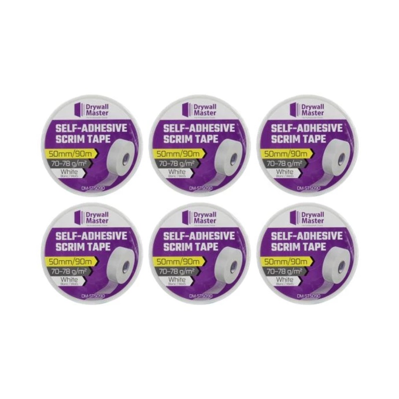 Drywall Master Scrim Tape 50mm x 90m, High Strength Self-Adhesive Fiberglass Mesh Tape Pack of 6