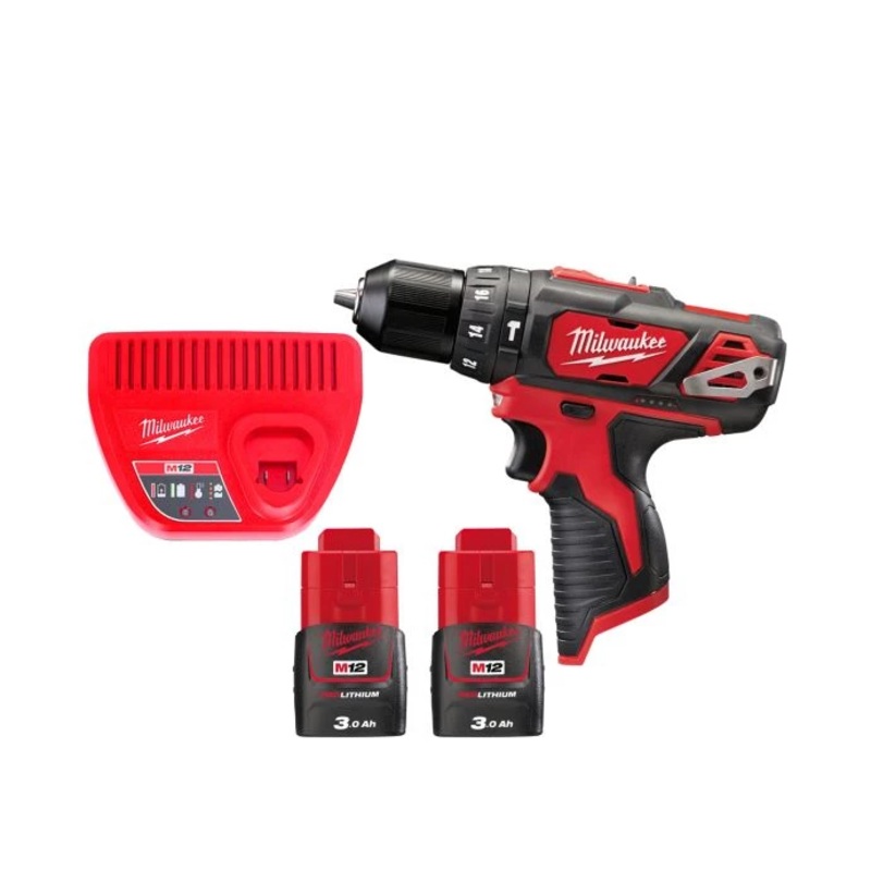 Milwaukee M12BPD 12V Cordless 10mm Compact Combi Hammer Drill With 2 x 3.0Ah Batteries & Charger