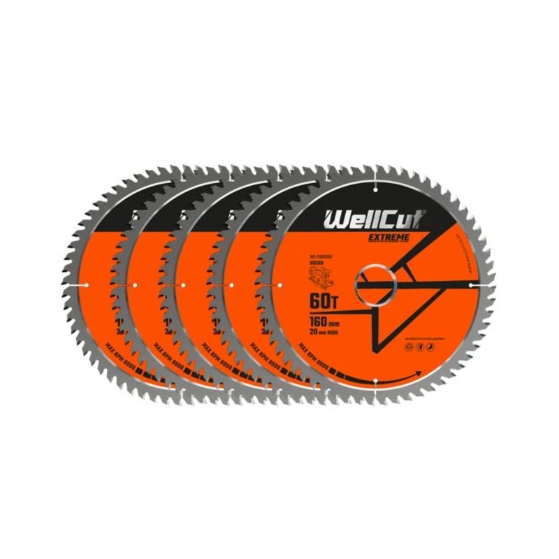 WellCut TCT Circular Saw Blades 160mm x 20mm x 60T Fine Cutting Wood Saw Blades Compatible with all Brands Pack of 5
