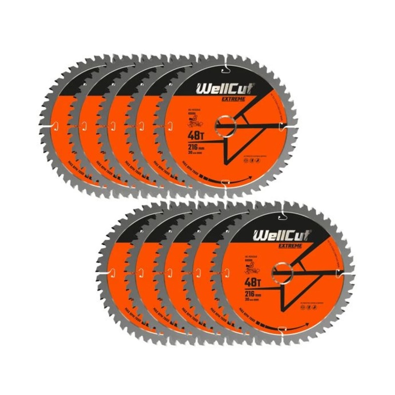 WellCut TCT Circular Saw Blades 216mm x 30mm x 48T Fine Cutting Wood Saw Blades Compatible with all Brands Pack of 10