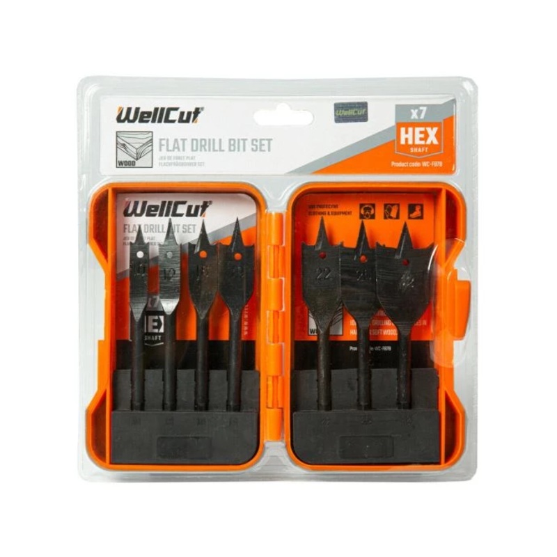 WellCut WC-FB7B Black Edition 10-32mm Flat Wood Drill Spade Bit Set with 7 Pieces