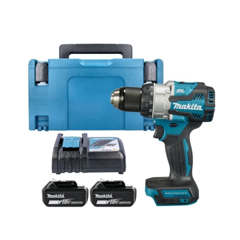 Makita Combi Drill DHP489Z 18V LXT Cordless Brushless 1/2″ 2-Speed Keyless Chuck Max 40Nm 620W With 2 x 5.0Ah Batteries, Charger & Case Type 3
