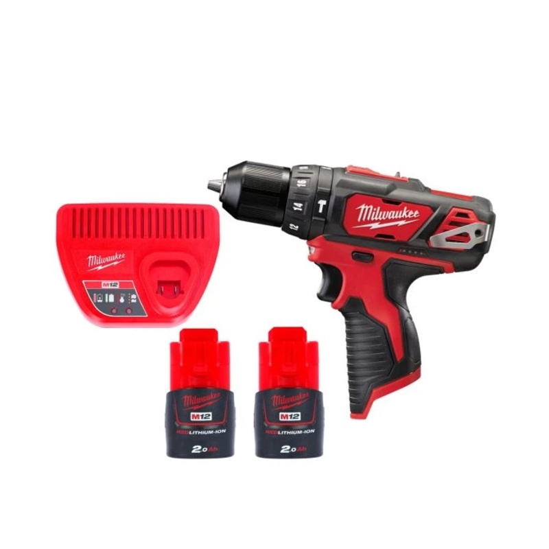 Milwaukee M12BPD 12V Cordless 10mm Compact Combi Hammer Drill With 2 x 2.0Ah Batteries & Charger