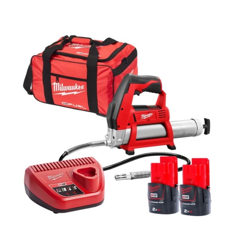 Milwaukee M12GG 12V Cordless Grease Gun With 2 x 2.0Ah Batteries, Charger & Tool Bag