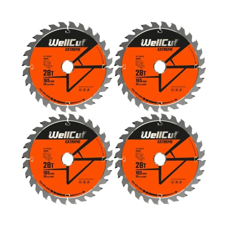 WellCut TCT Circular Saw Blades 165mm x 20mm x 28T Fine Cutting Wood Saw Blades Compatible with all Brands Pack of 4