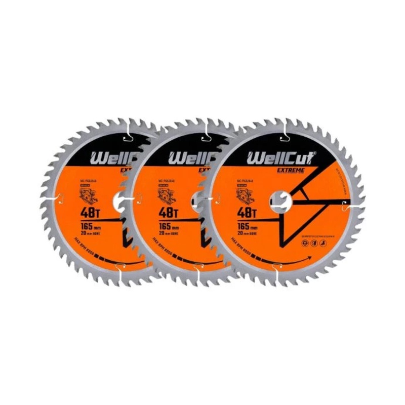 WellCut TCT Circular Saw Blades 165mm x 20mm x 48T Fine Cutting Wood Saw Blades Compatible with all Brands Pack of 3