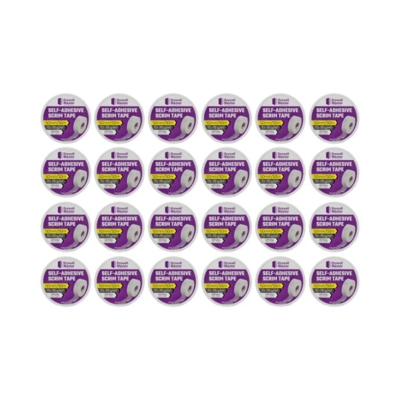 Drywall Master Scrim Tape 50mm x 50m, High Strength Self-Adhesive Fiberglass Mesh Tape Pack of 24