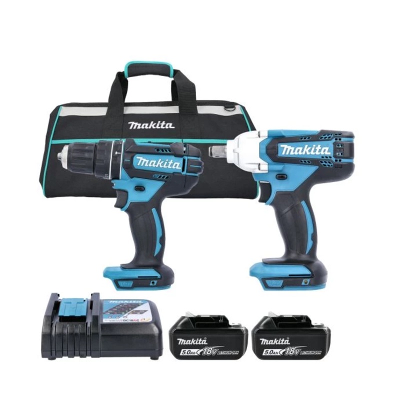 Makita 18V LXT Cordless DHP482Z Combi Drill & DTW190Z Impact Wrench Twin Pack With 2 x 5.0Ah Batteries, Charger & Tool Bag