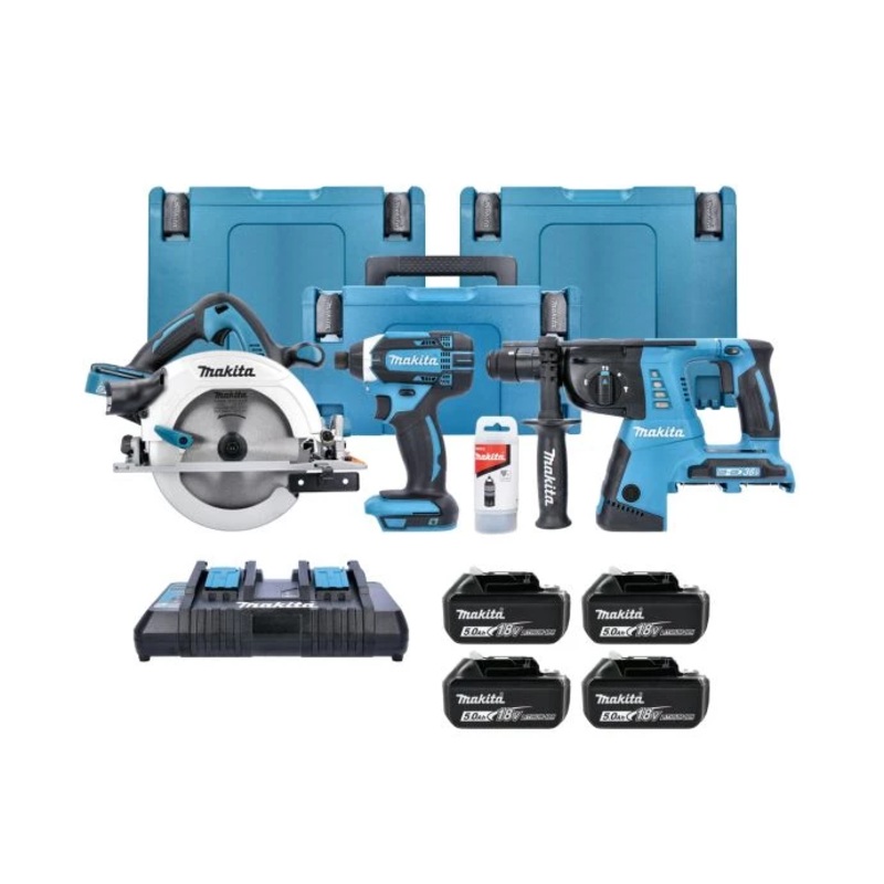 Makita DLX3049PTJ 18V 3 Piece Cordless Kit With 4 x 5.0Ah Batteries, Twin Port Charger & MakPac Cases