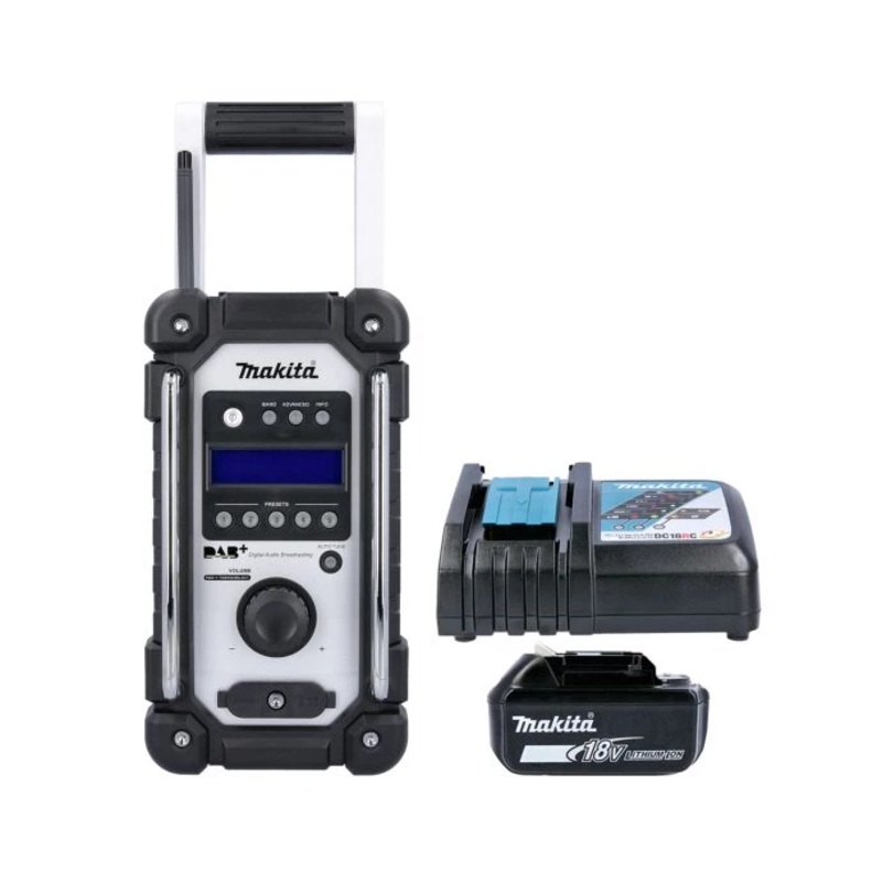 Makita Radio DMR110W 7.2V/18V CXT/LXT Cordless/AC FM/DAB/DAB+ Jobsite With AUX & USB White With 1 x 4.0Ah Battery & Charger