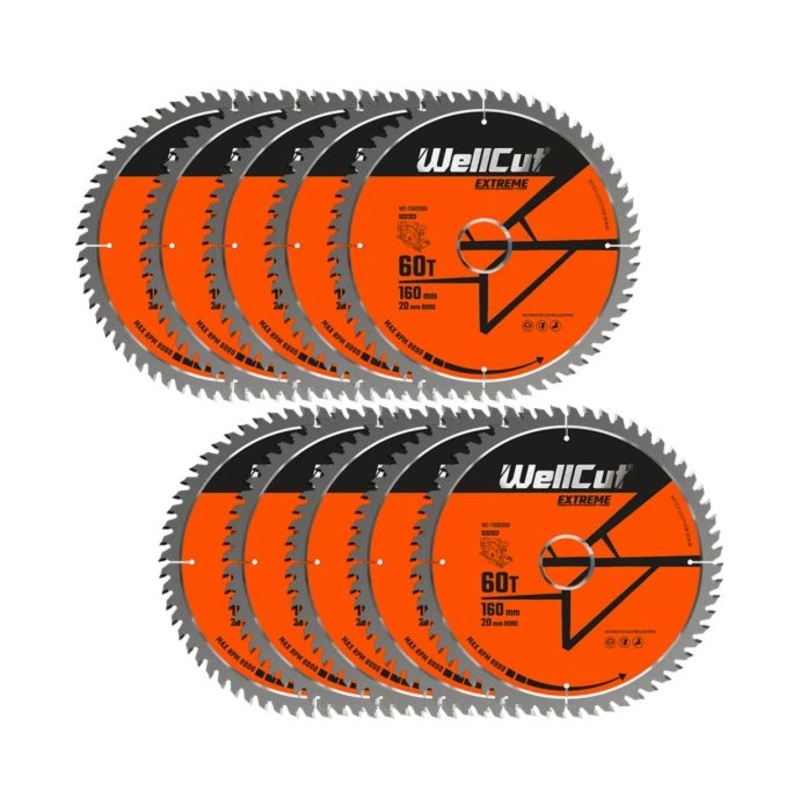 WellCut TCT Circular Saw Blades 160mm x 20mm x 60T Fine Cutting Wood Saw Blades Compatible with all Brands Pack of 10