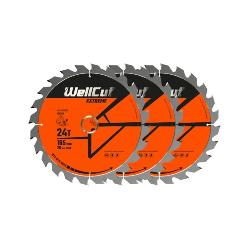WellCut TCT Circular Saw Blades 165mm x 20mm x 24T Fine Cutting Wood Saw Blades Compatible with all Brands Pack of 3