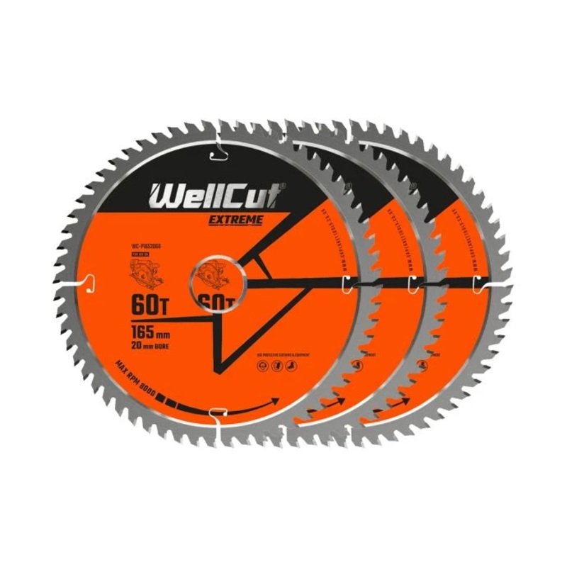 WellCut TCT Circular Saw Blades 165mm x 20mm x 60T Fine Cutting Wood Saw Blades Compatible with all Brands Pack of 3