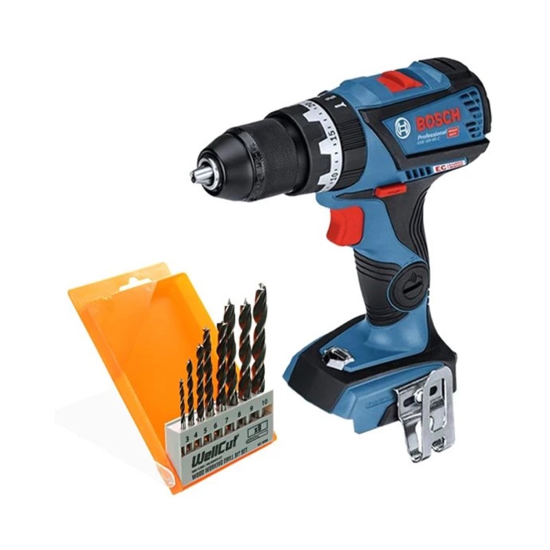 Bosch GSB18V-60 Combi Drill + 8 Piece Wood Drill Bit Set