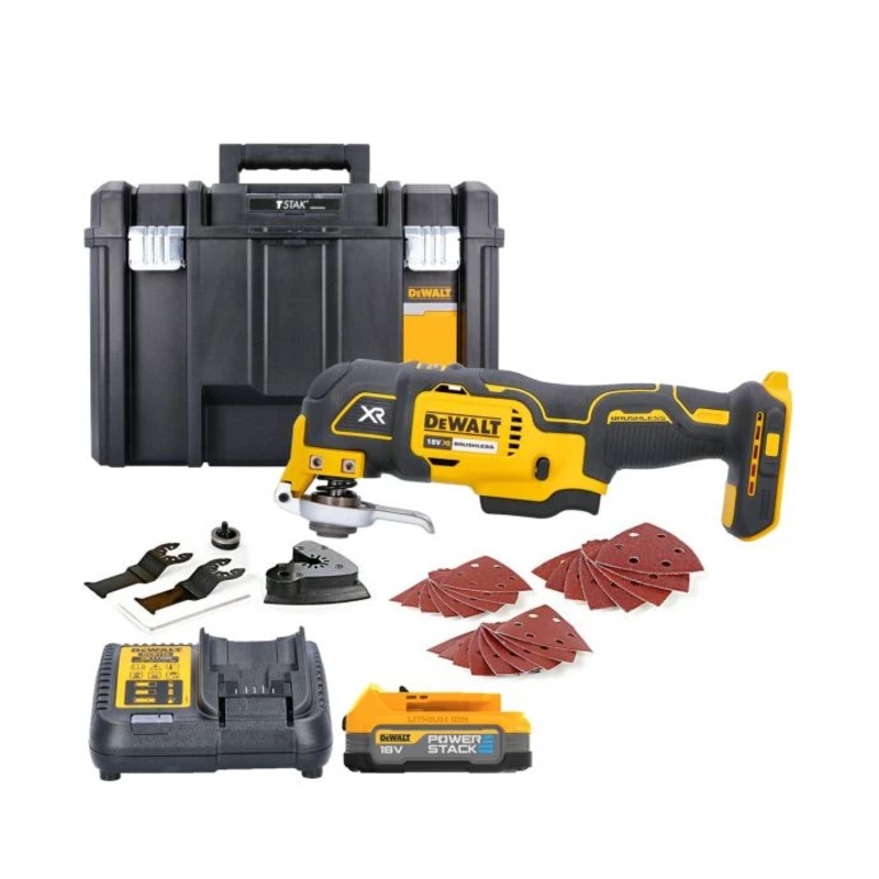DeWalt DCS355 18V Brushless Oscillating-Multi Tool With Accessories With 1 x 1.7Ah Powerstack Battery, Charger & T-Stack VI Case