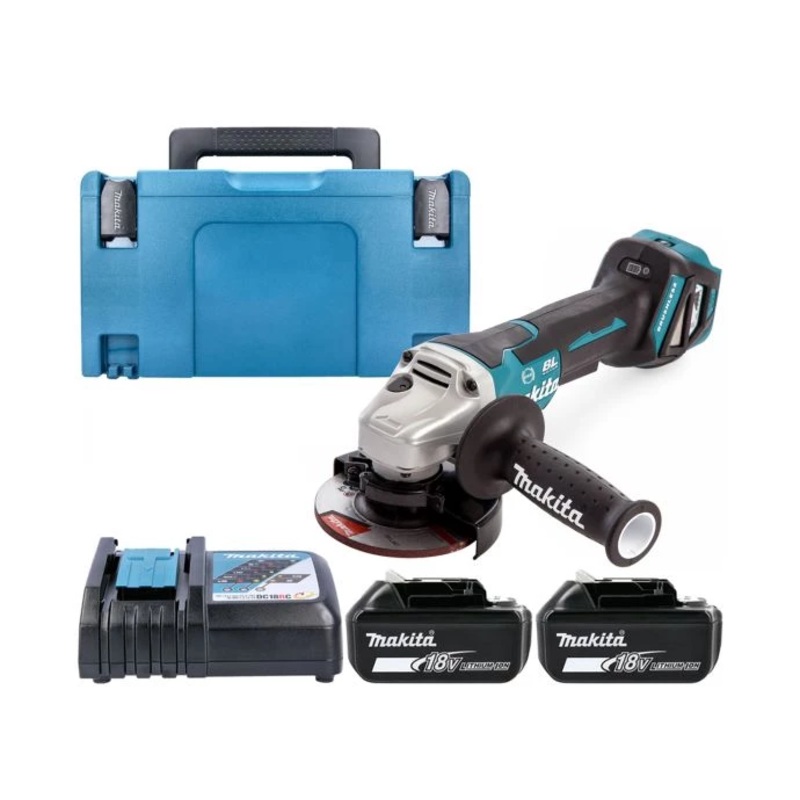Makita Angle Grinder DGA467Z 18V LXT Cordless 115mm Brushless Paddle Switch With 2 x 6.0Ah Batteries, Charger & Case Type 3