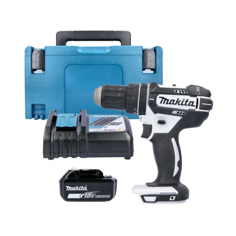 Makita Combi Drill DHP482ZW 18V LXT Cordless 1/2″ 2-Speed Keyless Chuck Max 62Nm White With 1 x 5.0Ah Battery, Charger & Case Type 3