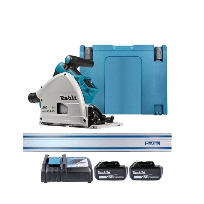 Makita DSP600 Twin 18V Brushless 165mm Plunge Saw with 2 x 5.0Ah Batteries, Charger & Guide Rail