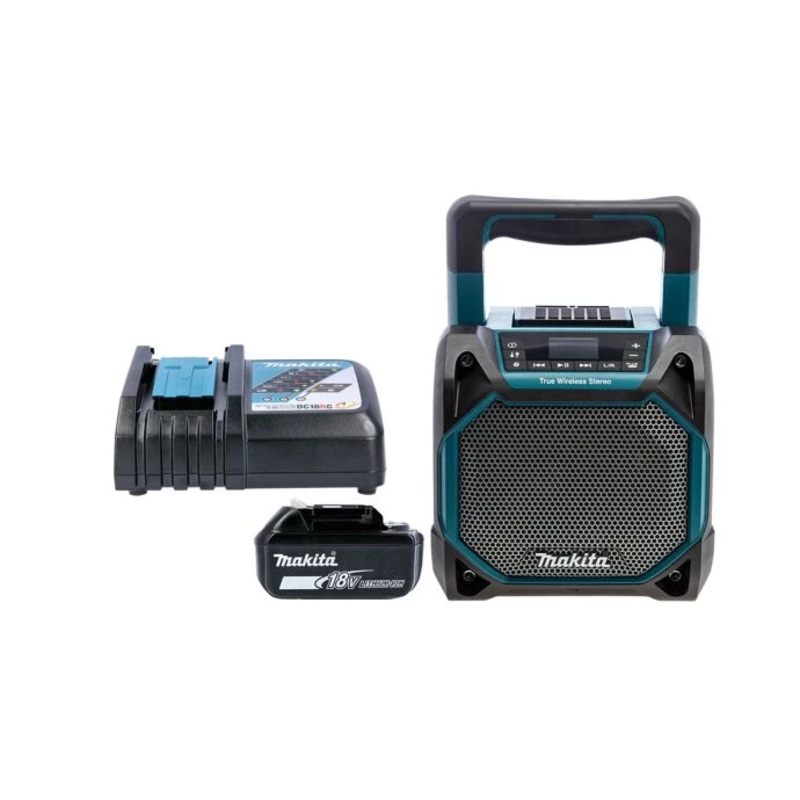 Makita Speaker DMR203 12V Max/18V CXT/LXT Cordless/AC Jobsite With Bluetooth, AUX & USB With 1 x 5.0Ah Battery & Charger