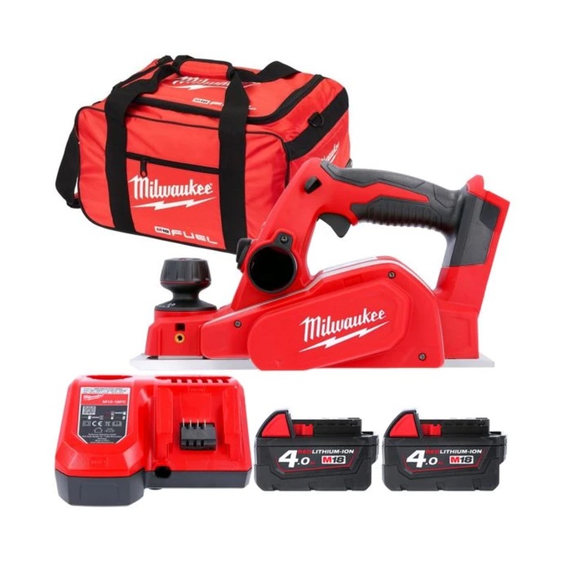Milwaukee M18BP 18V Li-ion 82mm Cordless Planer 2 x 4.0Ah Batteries, Charger & Tool Bag
