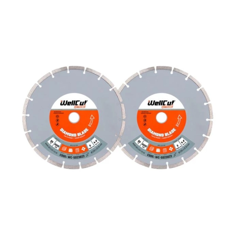 WellCut Diamond Cutting Blades for Angle Grinder 230mm x 22.23mm Segmented Discs for Concrete, Tiles, Stones, Bricks Pack of 2