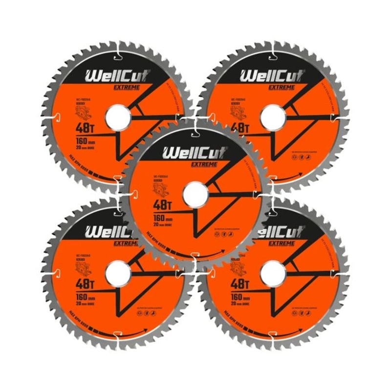 WellCut TCT Circular Saw Blades 160mm x 20mm x 48T Fine Cutting Wood Saw Blades Compatible with all Brands Pack of 5