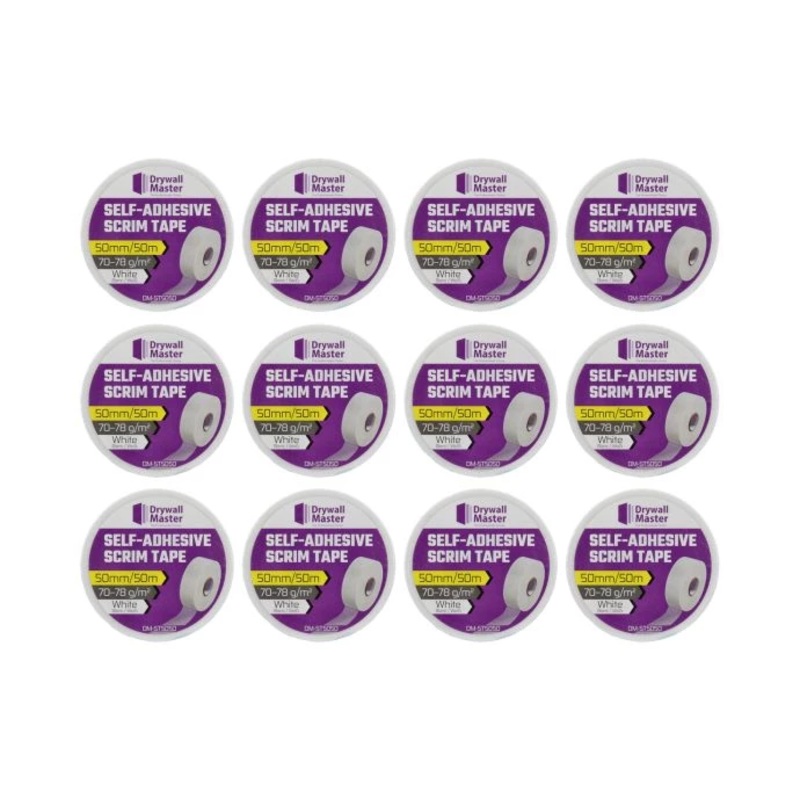Drywall Master Scrim Tape 50mm x 50m, High Strength Self-Adhesive Fiberglass Mesh Tape Pack of 12