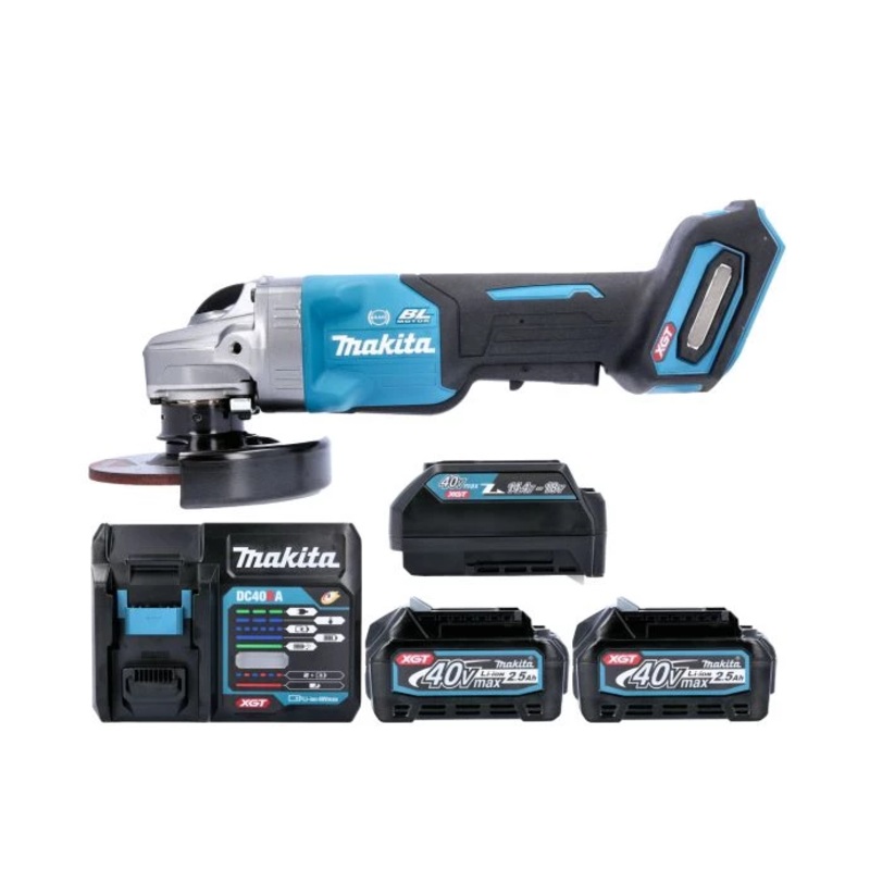 Makita Angle Grinder GA013GZ 40V Max XGT Cordless 125mm Brushless Paddle Switch With 2 x 2.5Ah Batteries, Charger, Adaptor